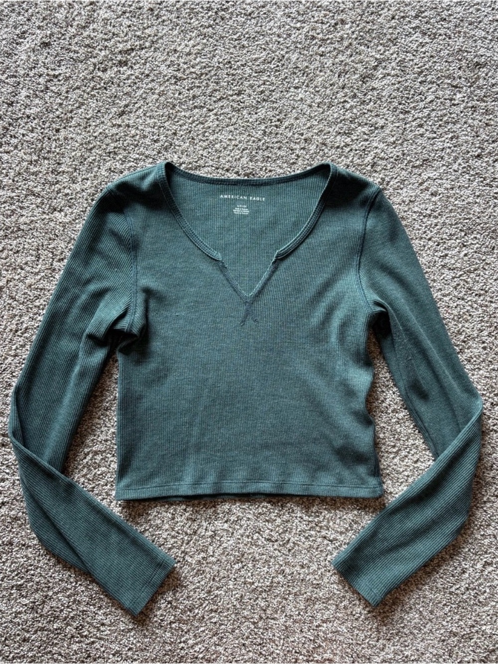 American Eagle Outfitters Deep Green Ribbed V-Notch Long Sleeve Tee